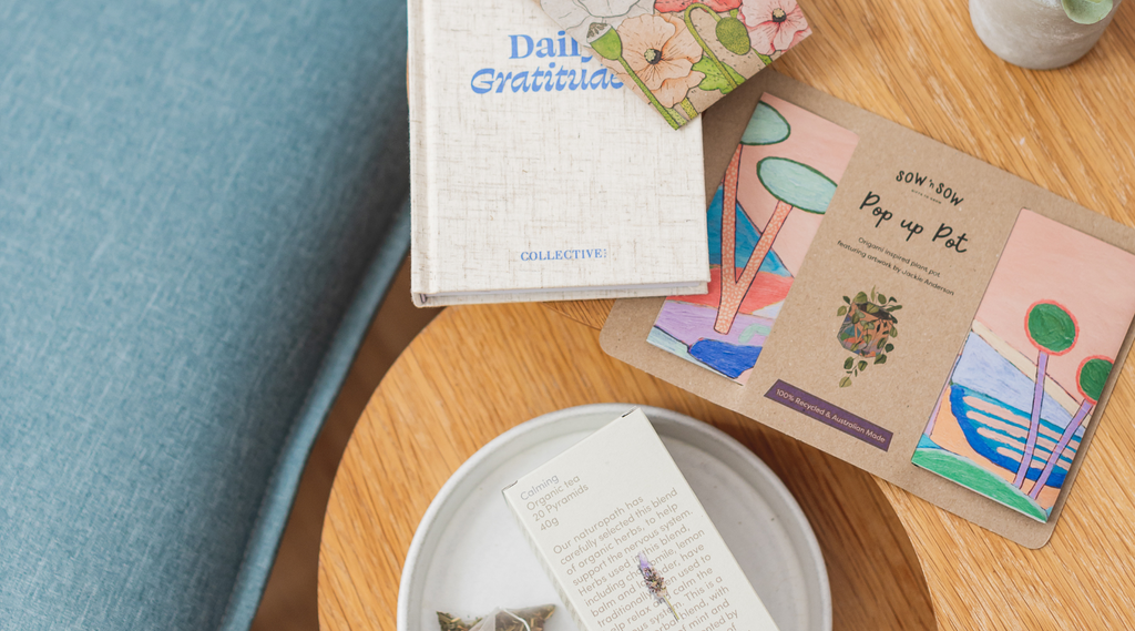 Mindful moments gift boxes including daily gratitudes journal, pop up pot, flower seeds and organic tea.