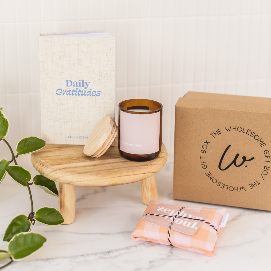 Gift Box with natural soy candle in amber jar, daily gratitudes journal and an eye pillow
