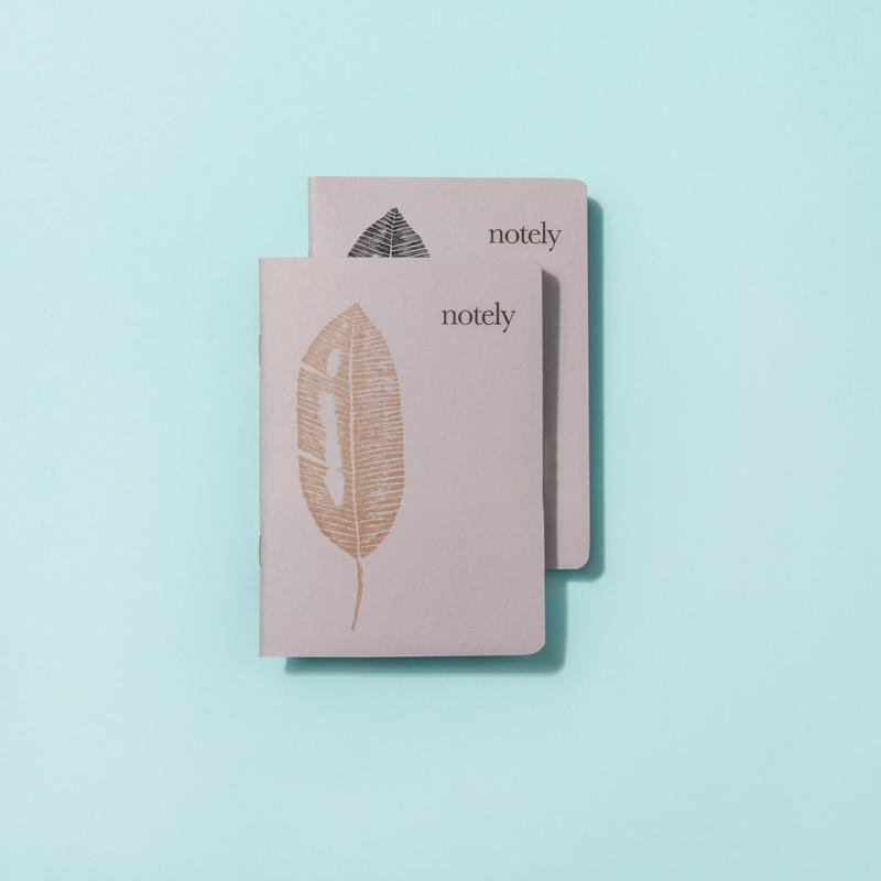 Set of two Notely notebooks in grey with a leaf pattern to front.